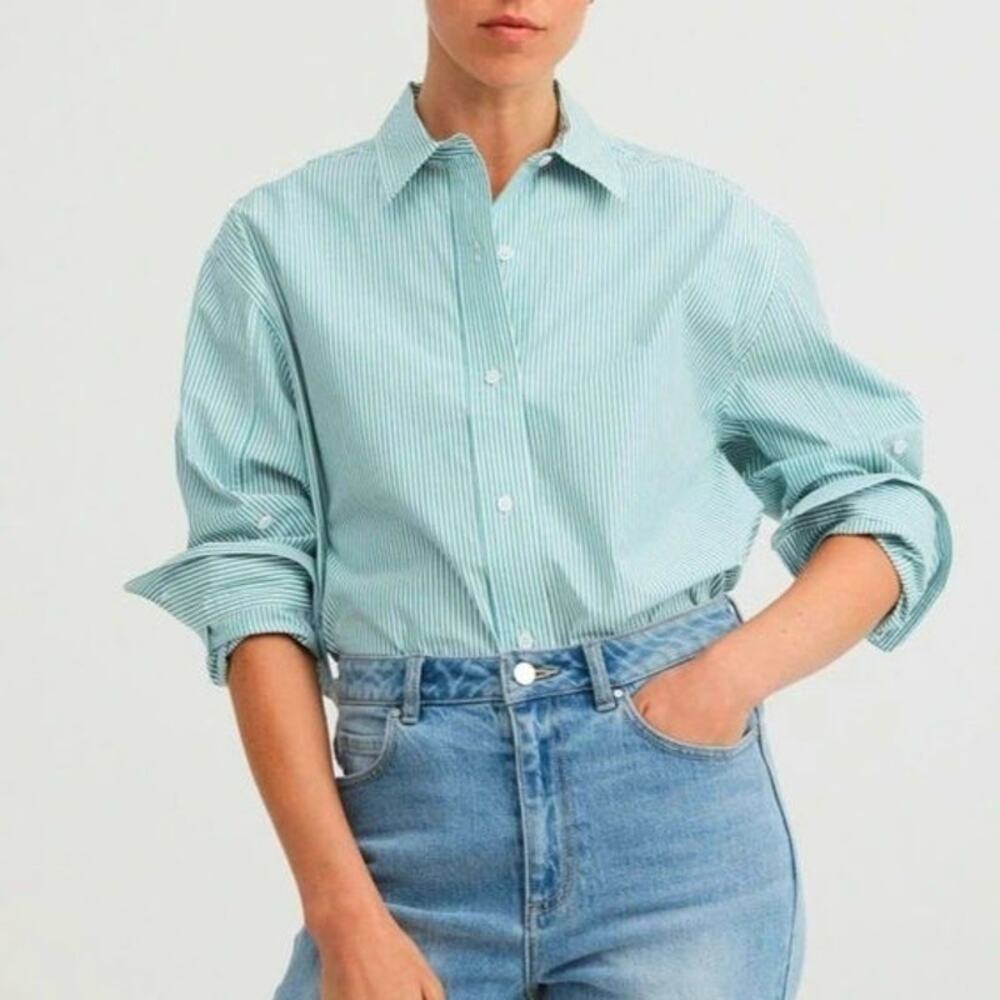 NWT EVERLANE The Silky Cotton Size 4 Relaxed Button Down Shirt blouse jade green